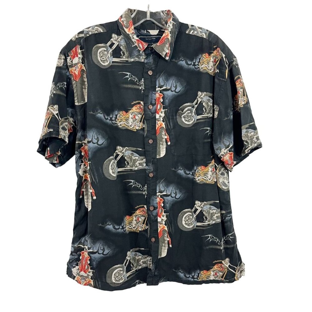 Vintage Y2K Black Motorcycle Biker Short‎ Sleeve Button Down Shirt Men's Medium